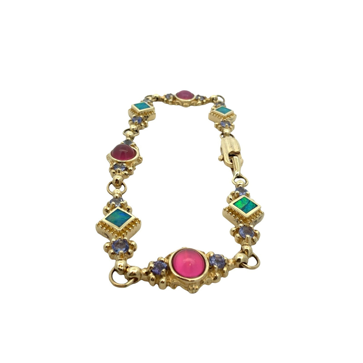 A.K 14k Yellow Gold Opal & 1.26cttw Iolite Multi-Color Link Bracelet 7"1