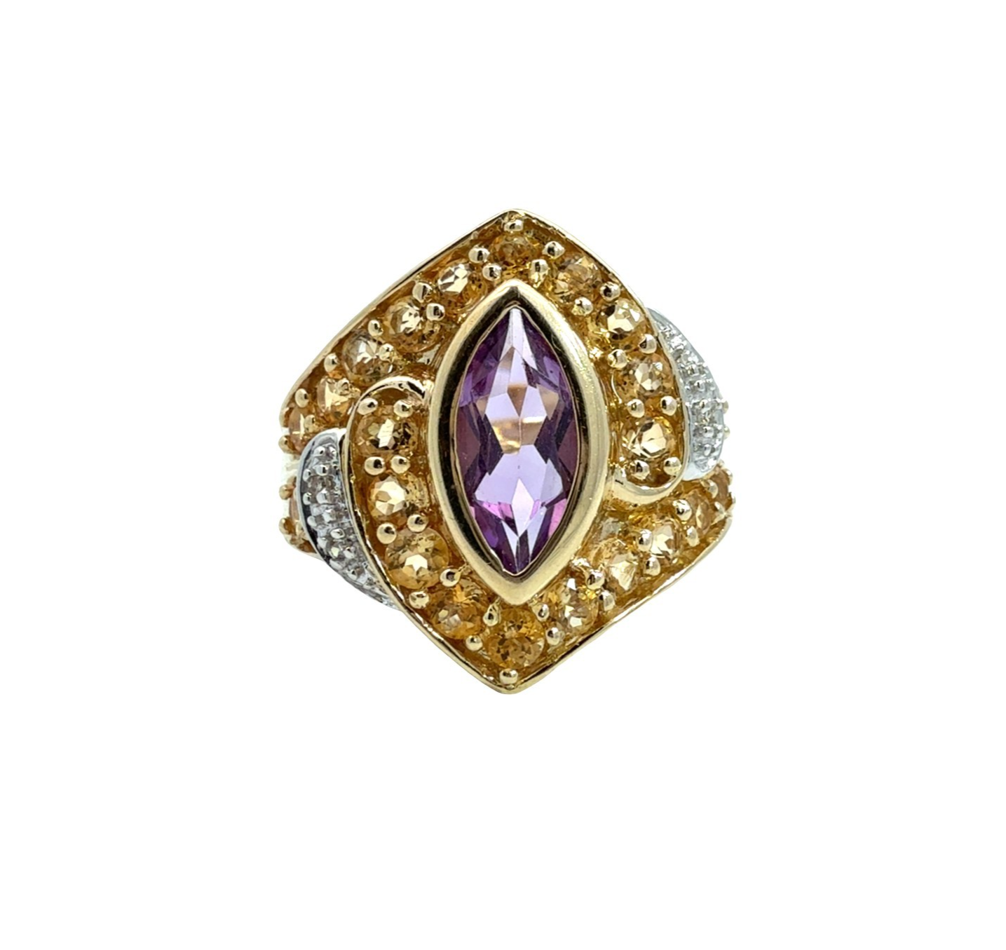Vintage 10k Yellow Gold 1.10tcw Amethyst 1.10cttw Citrine 0.02cttw Diamond Ring0