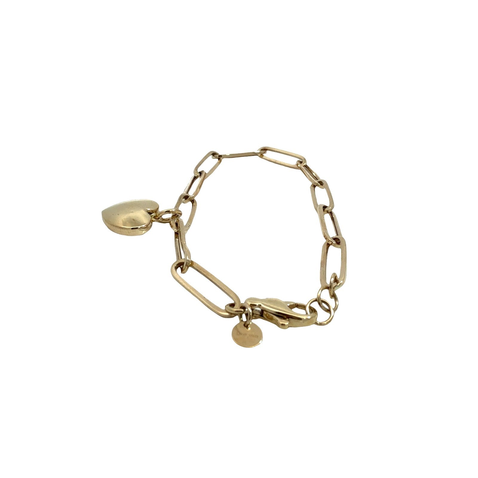 14k Yellow Gold Paperclip Chain Heart Charm Bracelet 7.5"2