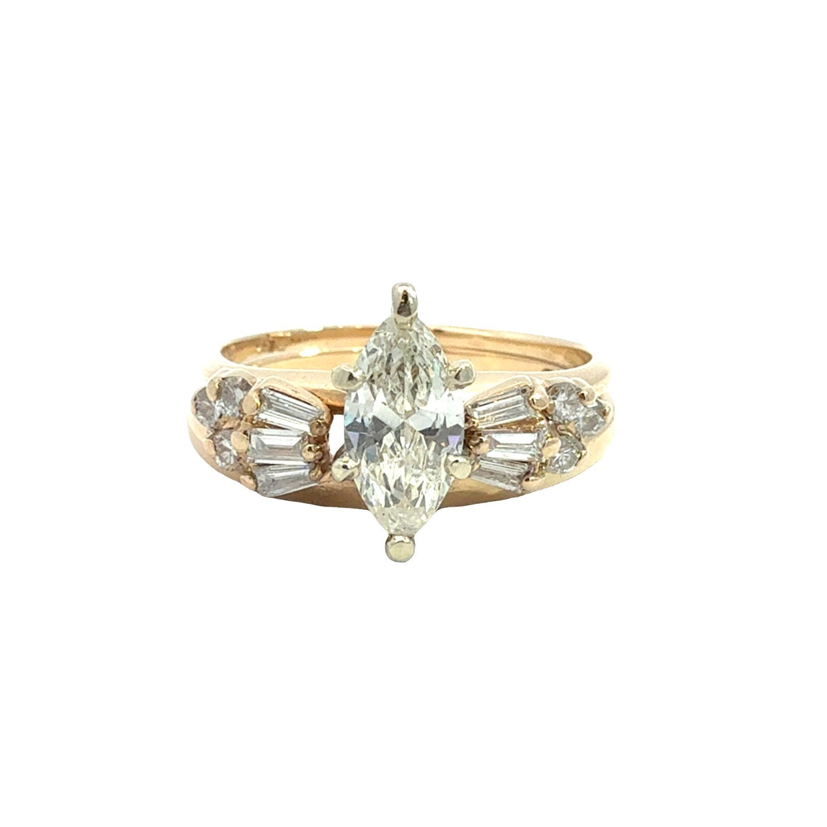 Vintage 14k YG 0.54ctw Marquise Diamond Engagement Ring &amp; 0.28ctw Enhancer Band0