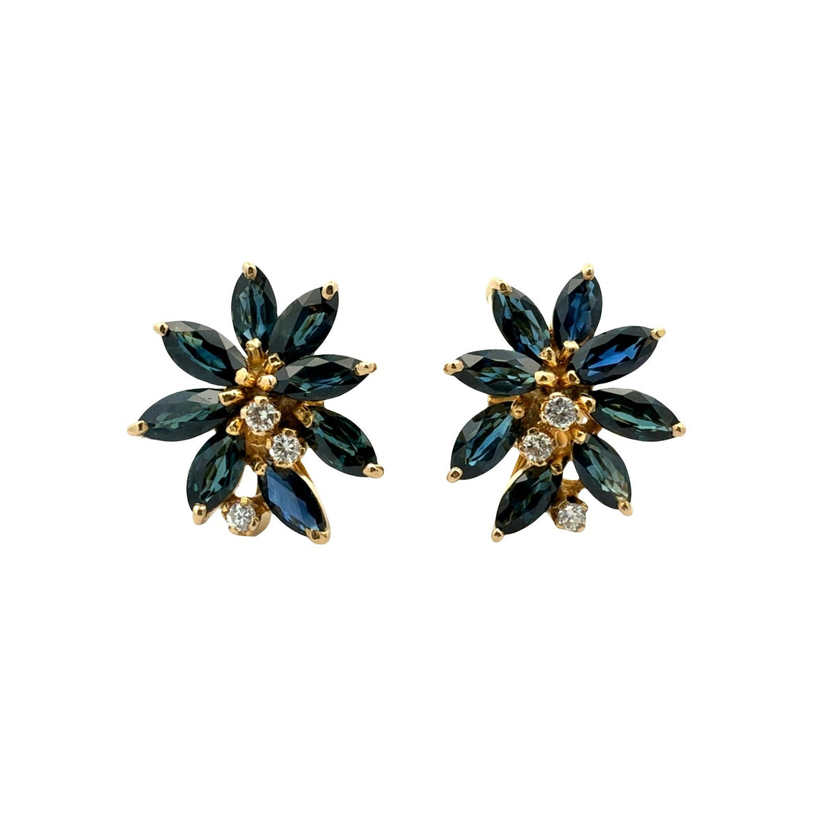 Vintage 18k Yellow Gold 3.36cttw Sapphire and 0.16cttw Diamond Cluster Earrings0