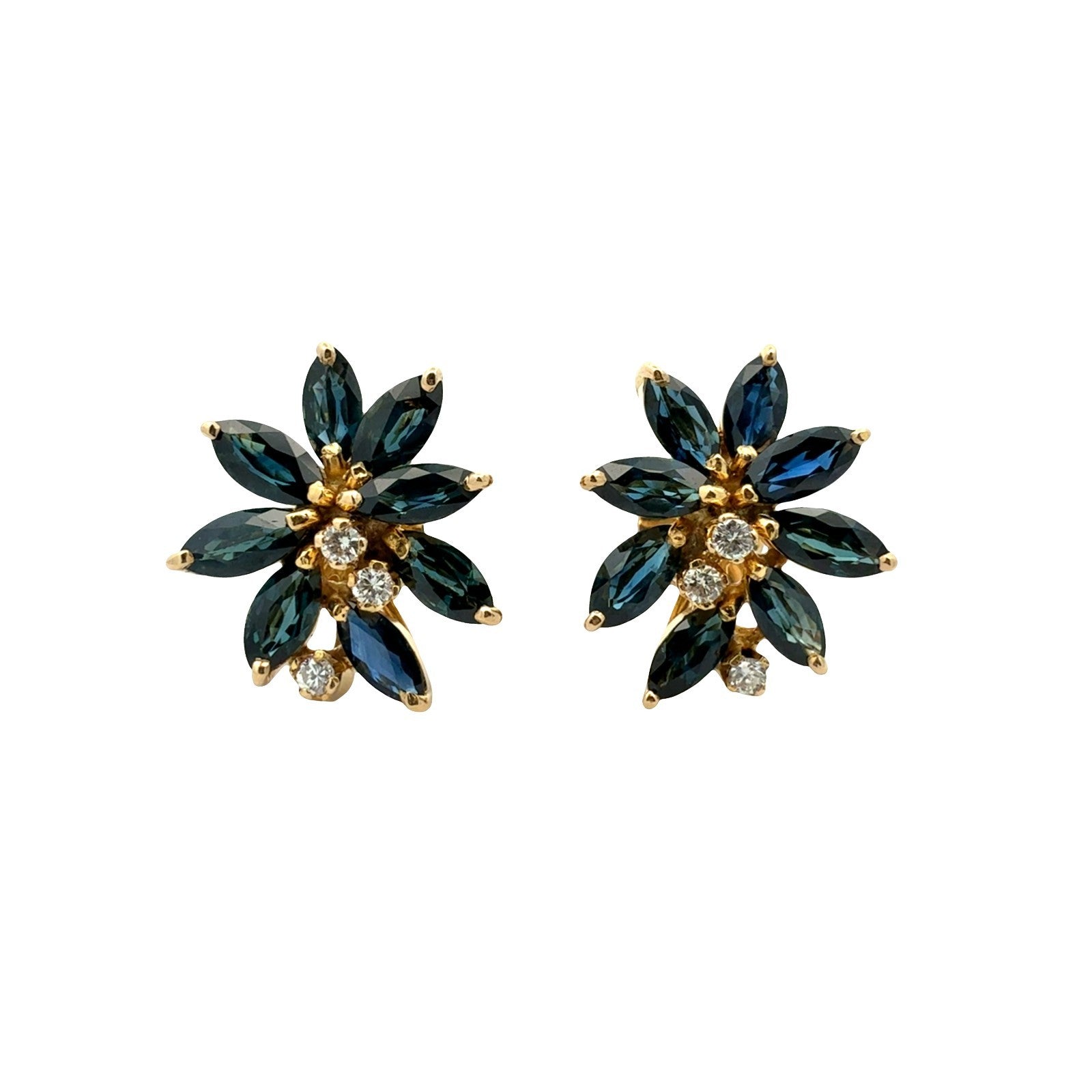 Vintage 18k Yellow Gold 3.36cttw Sapphire and 0.16cttw Diamond Cluster Earrings0