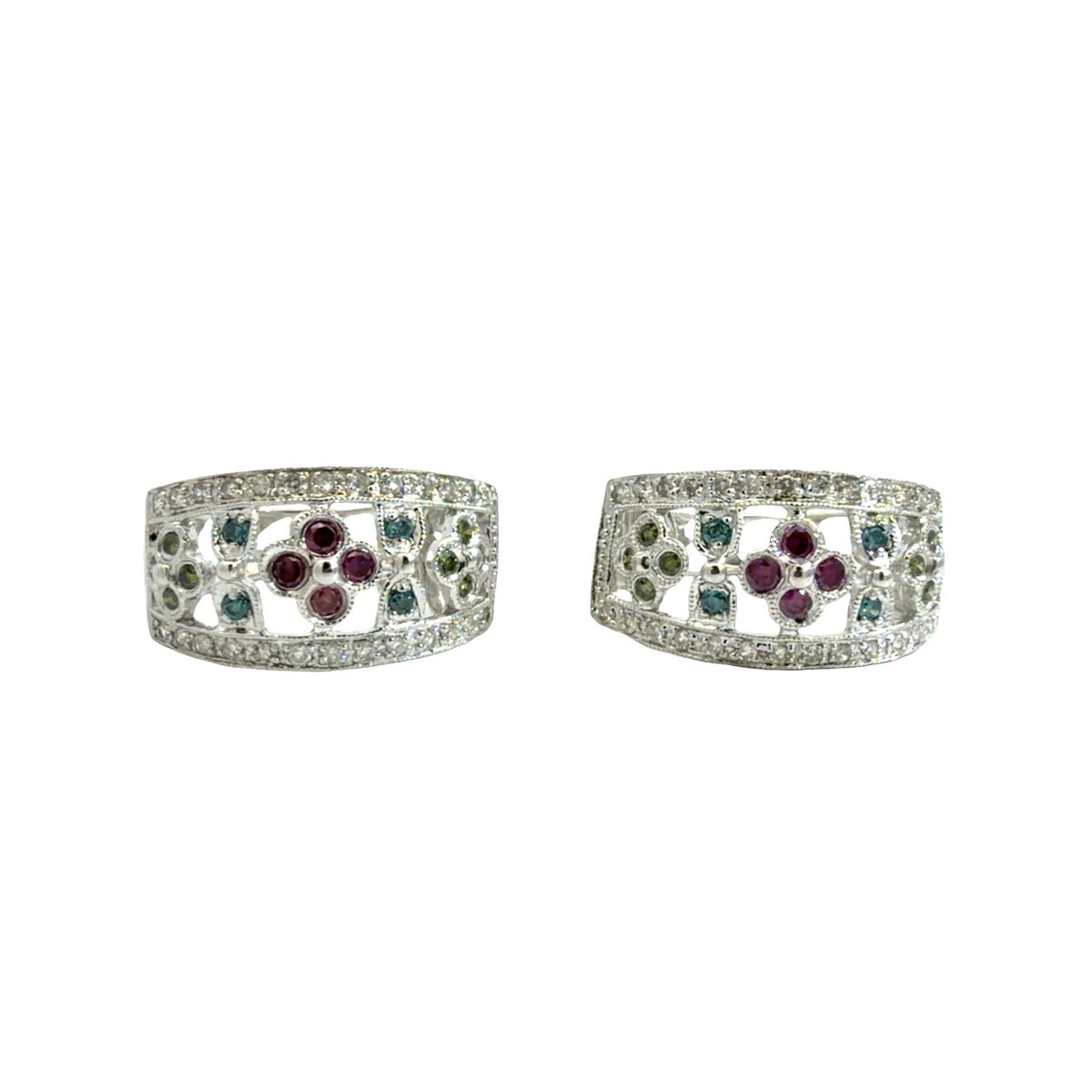 14k White Gold Multi-Color 0.82cttw Diamond Floral Openwork Hoop Earrings1