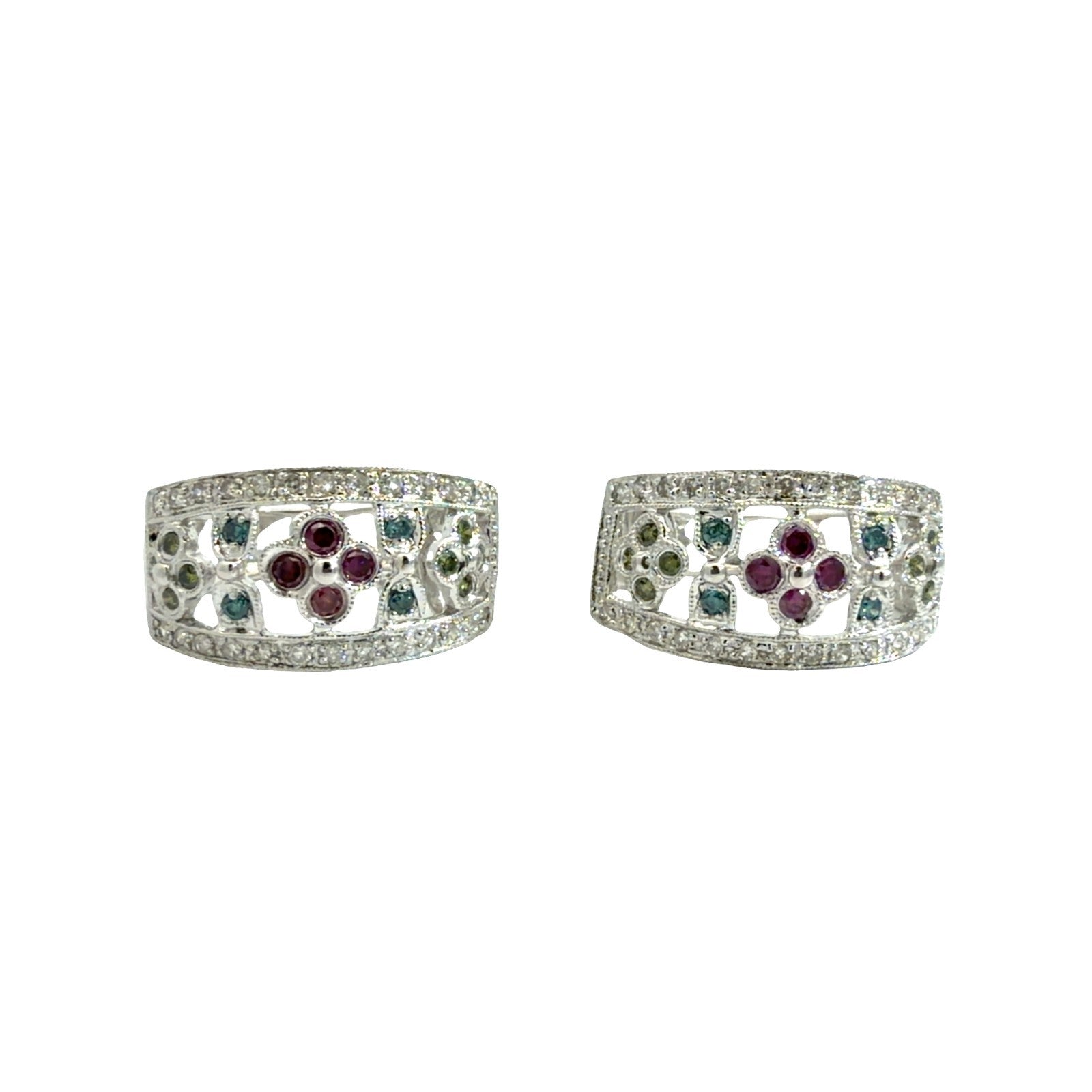 14k White Gold Multi-Color 0.82cttw Diamond Floral Openwork Hoop Earrings0