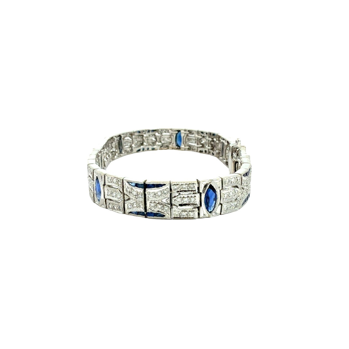 18k White Gold 3.01cttw Sapphire and 1.58cttw Diamond Art Deco Style Bracelet 7"4