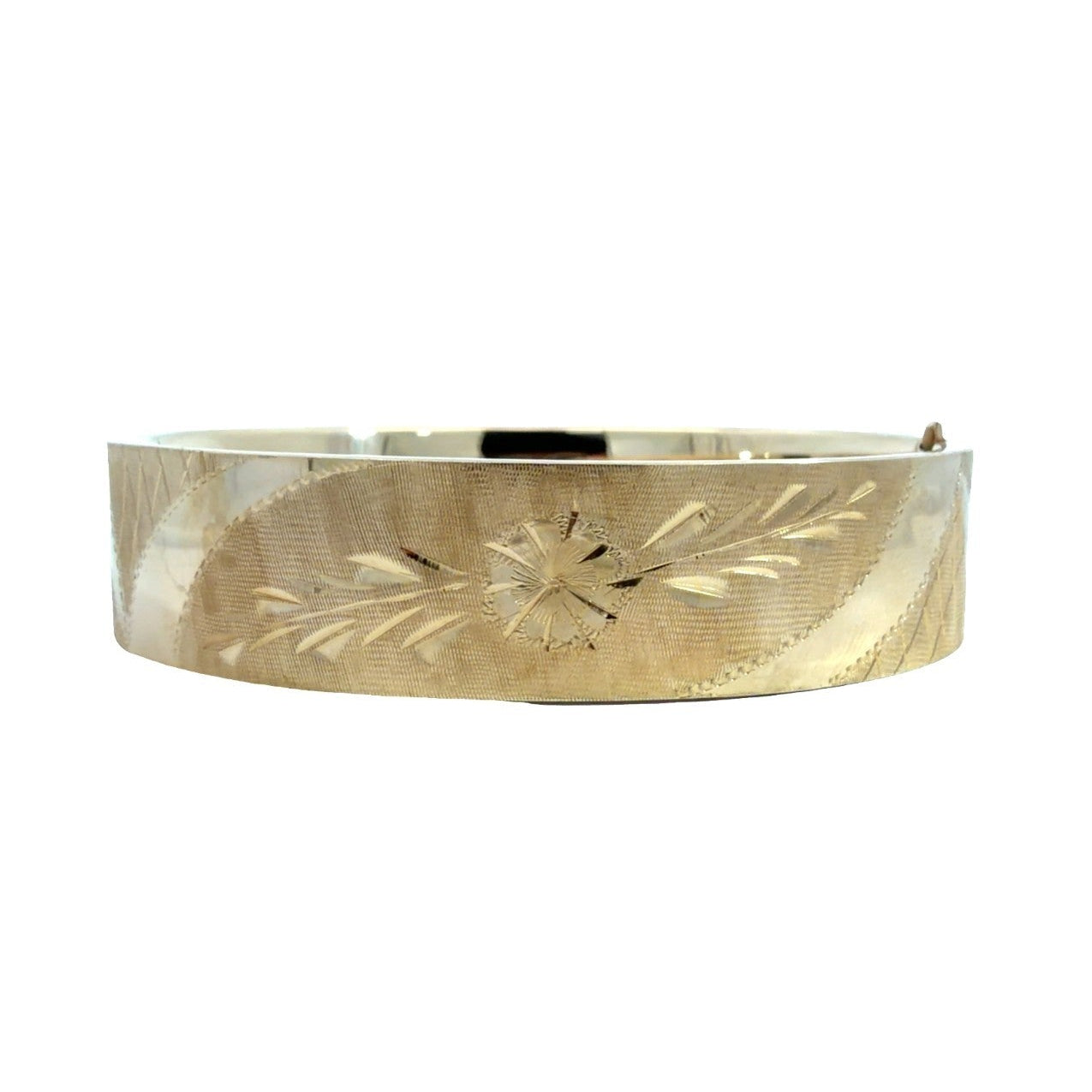 Vintage 13k Yellow Gold Etched Floral Motif Hinged Bangle Bracelet0