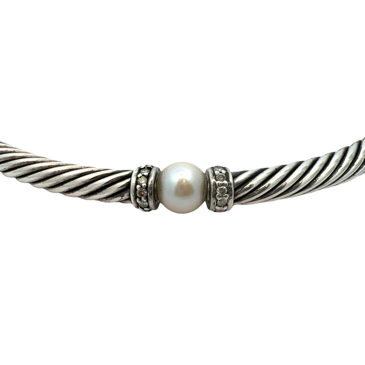 David Yurman Sterling Silver Pearl & 0.64cttw Diamond Hampton Cable Choker 15.5"2