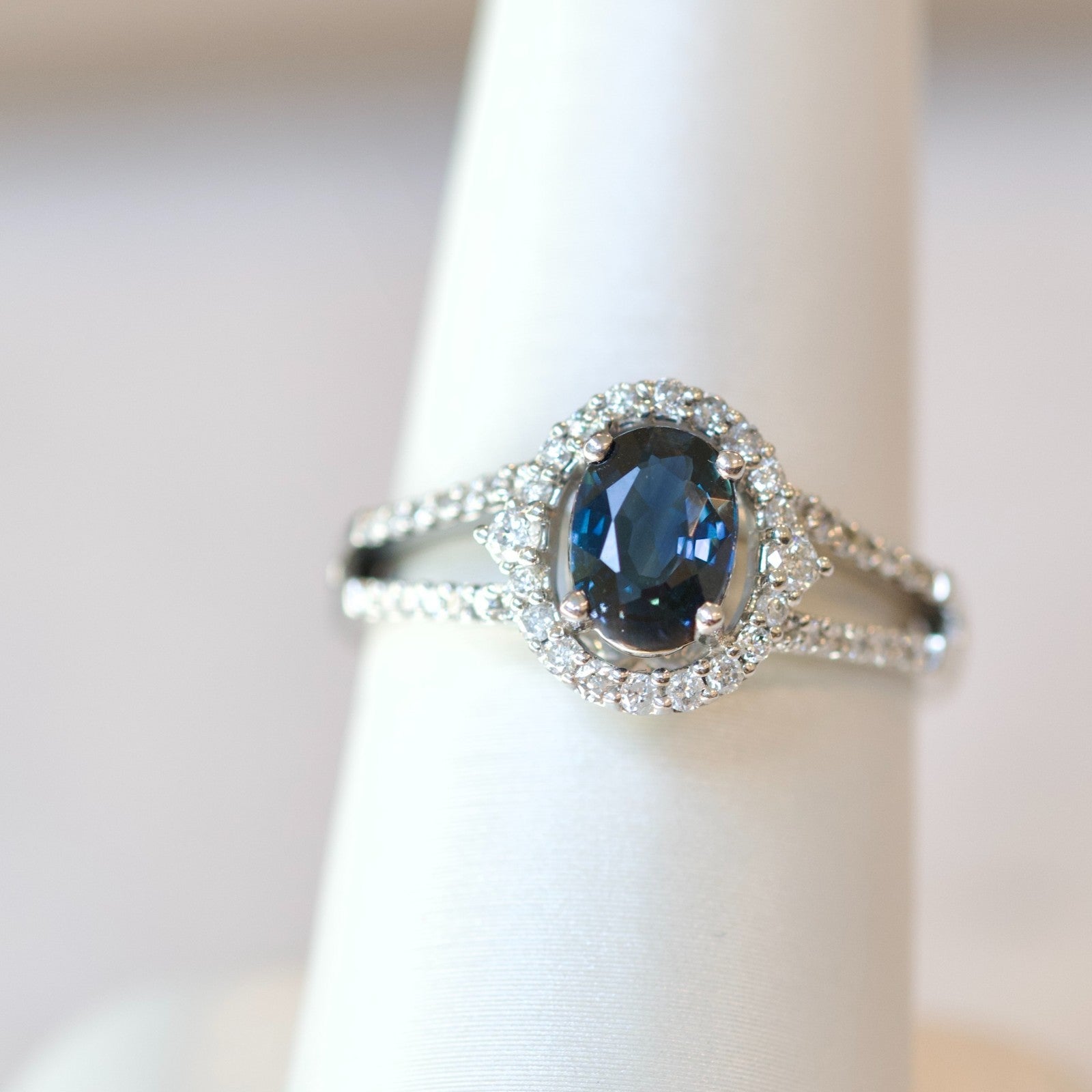 10k White Gold 0.87tcw Sapphire and 0.37cttw Diamond Halo Split-Shank Ring0