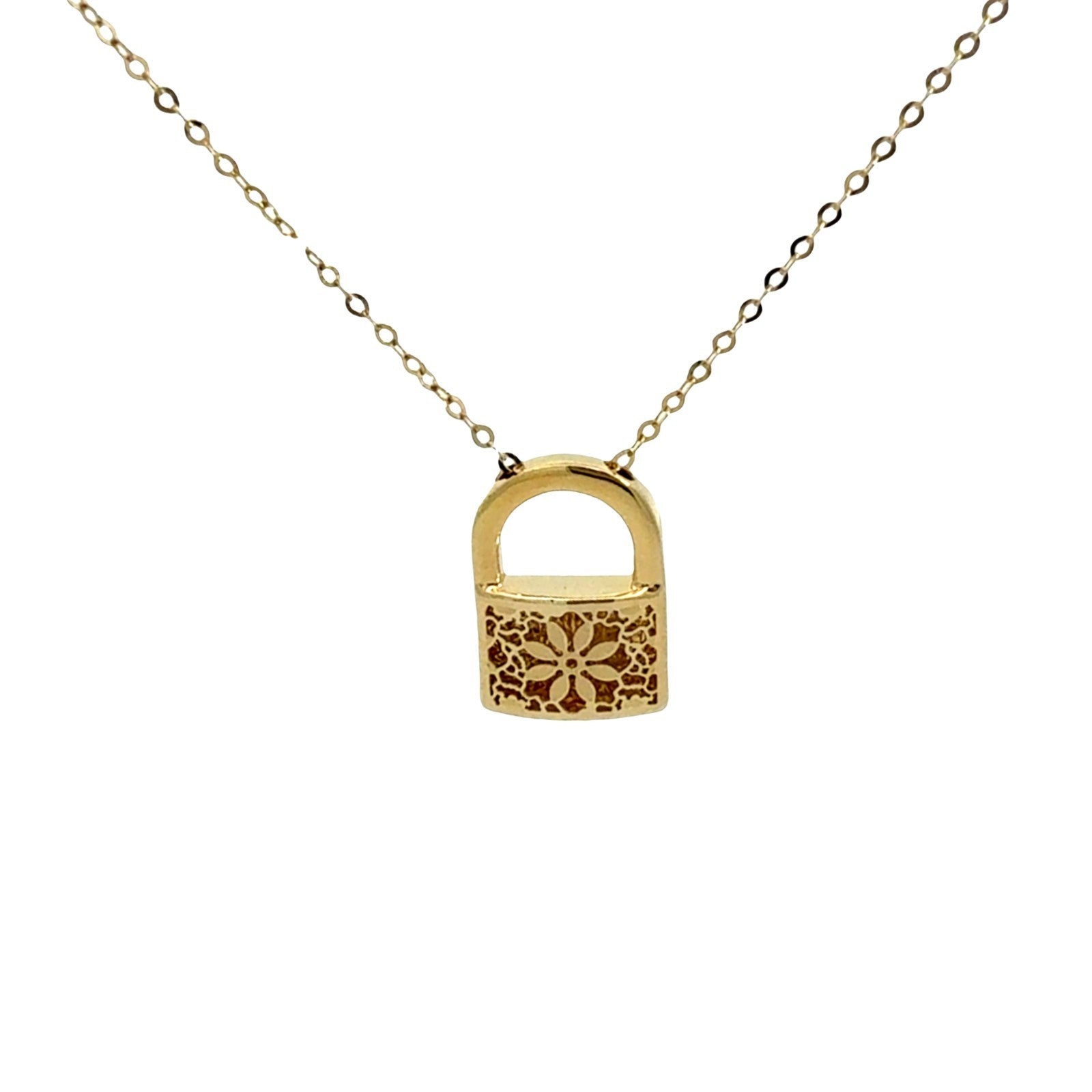 14k Yellow Gold Floral Openwork Padlock Pendant Neclace5