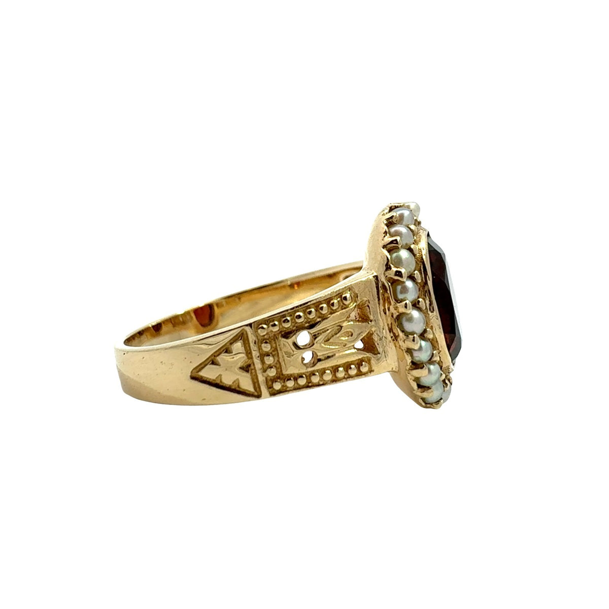 Vintage 14k Yellow Gold 2.30tcw Oval Garnet and Pearl Halo Cocktail Ring2