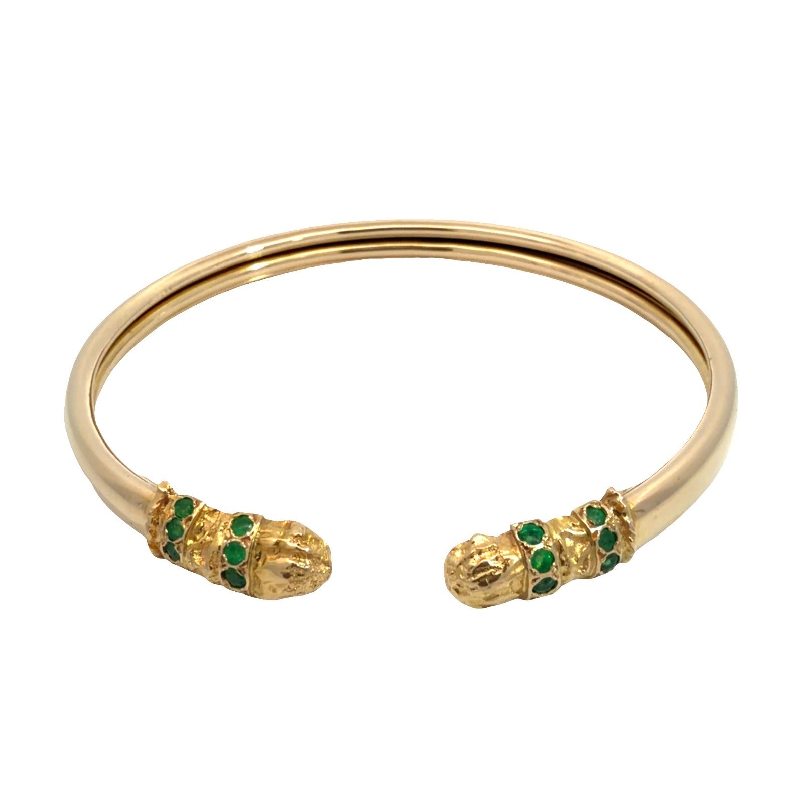 17k Yellow Gold Animal Head Bangle with Emerald Accents0