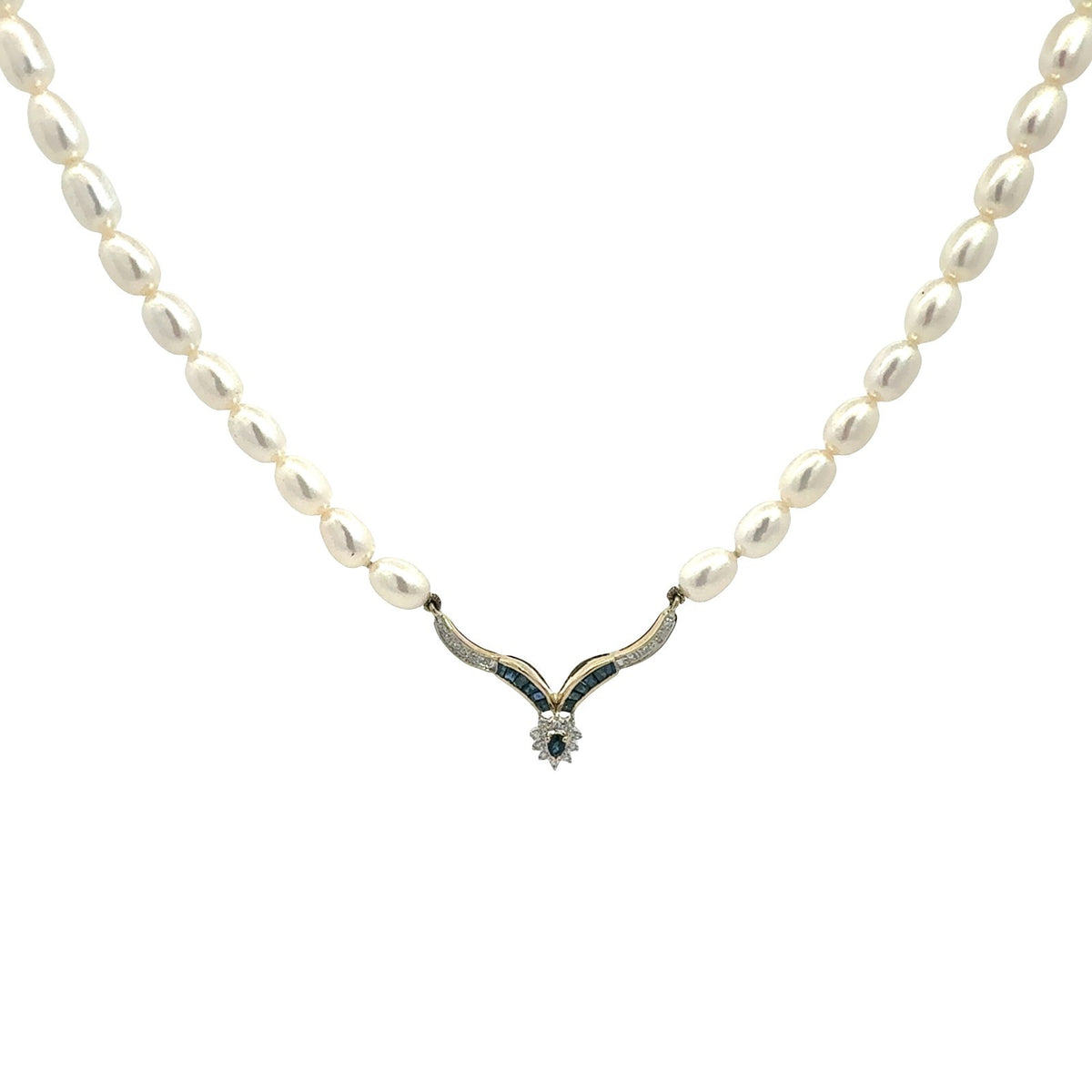 14k Yellow Gold 0.33cttw Sapphire and 0.11cttw Diamond Pearl Necklace0