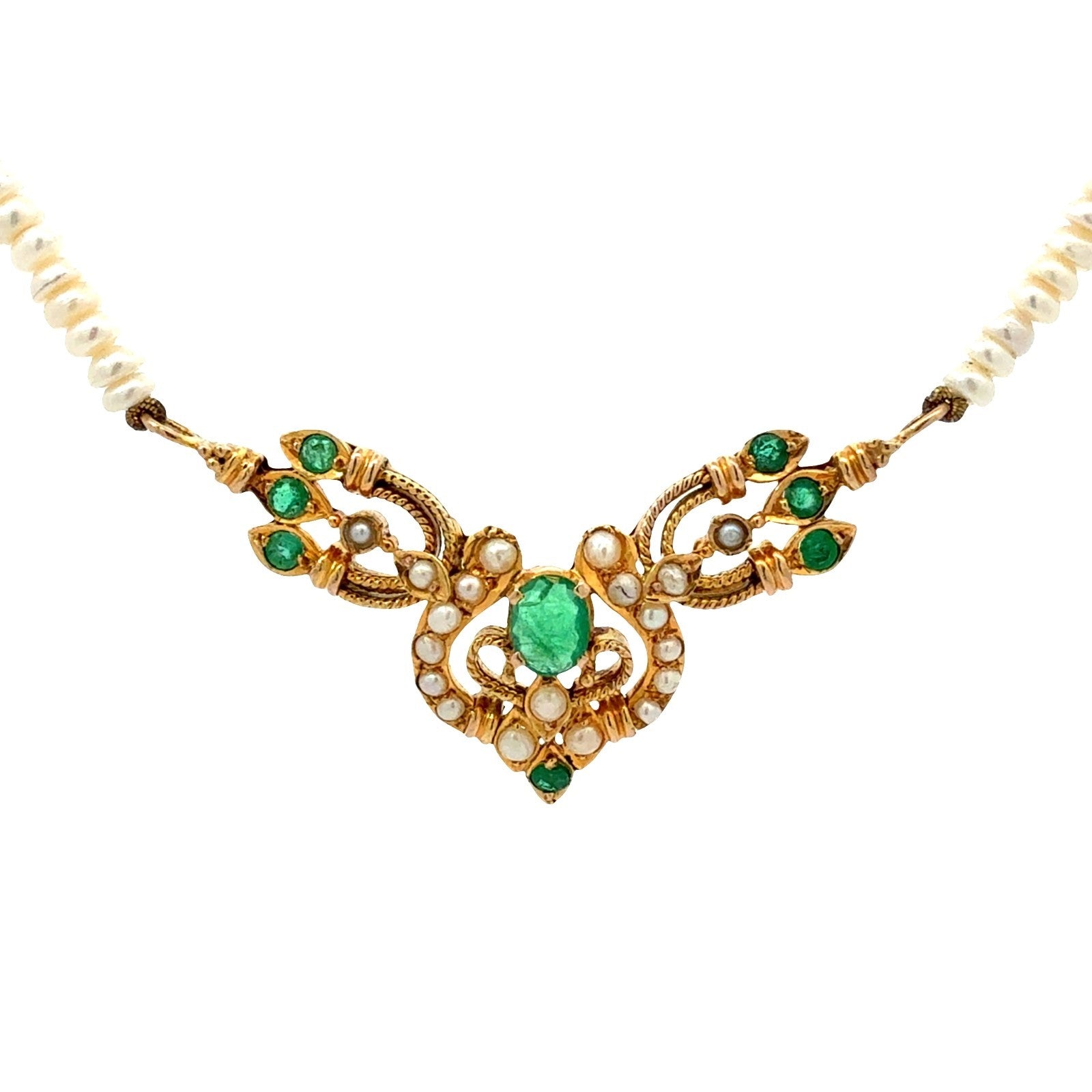 Antique Victorian 14k Yellow Gold Pearl and 0.77ctw Emerald Necklace0