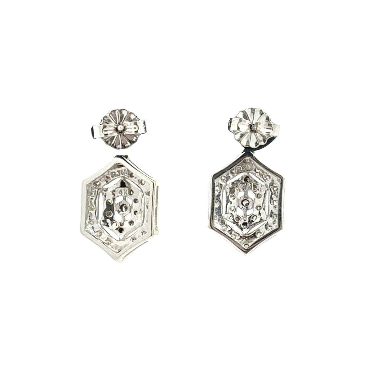 14k White Gold and 0.42cttw Diamond Geometric Art Deco Style Dangle Earrings3