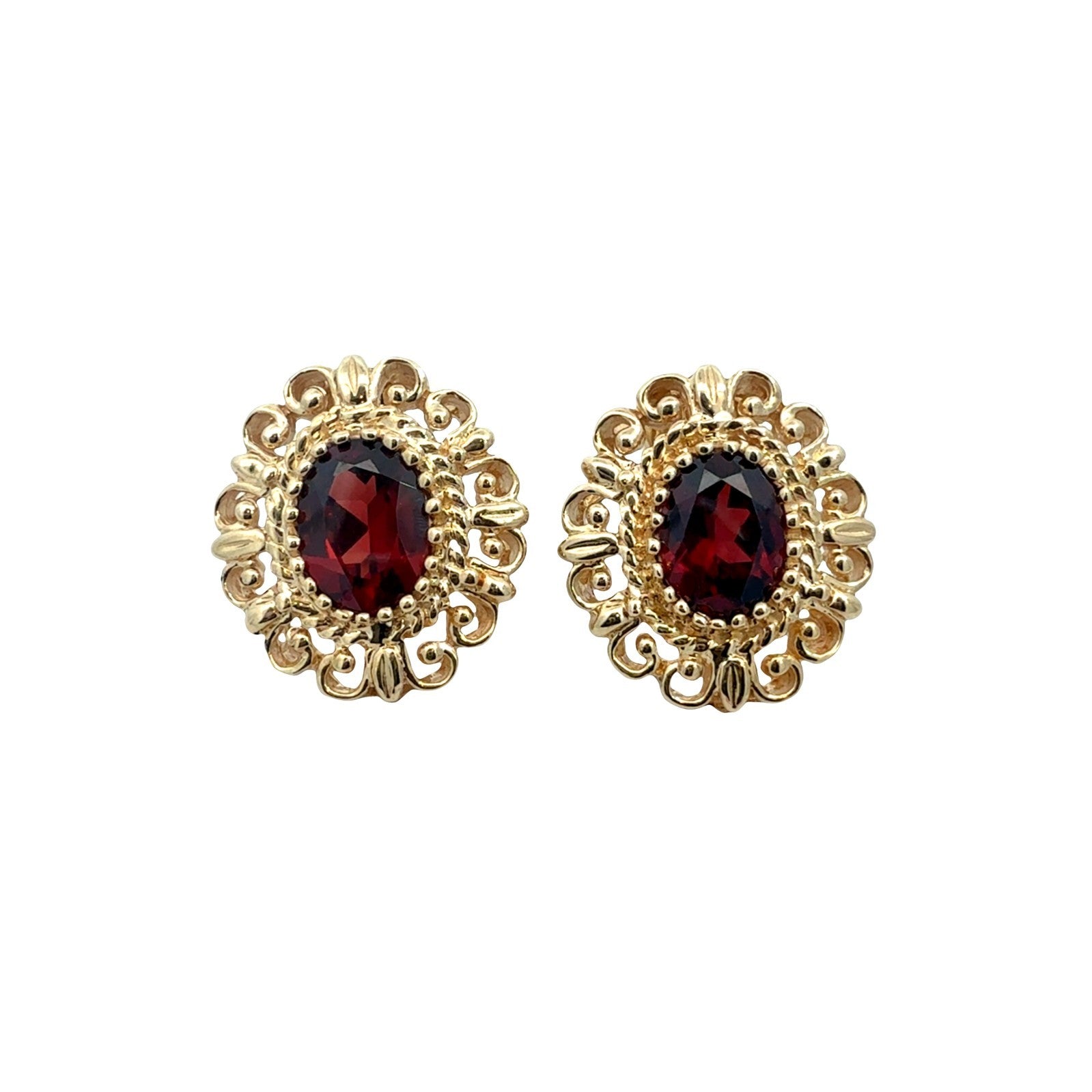 Vintage Stamped 14k Yellow Gold Oval 3.22cttw Garnet Filigree Stud Earrings0