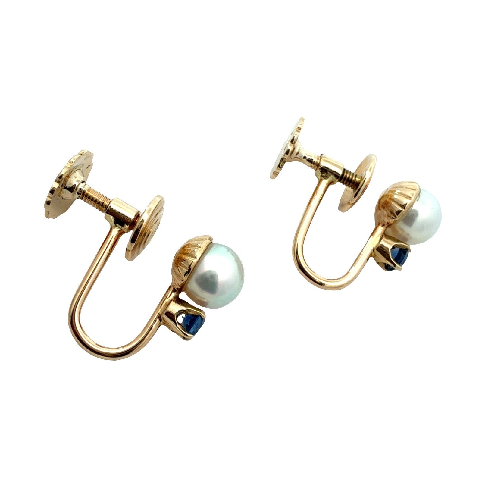 14k Yellow Gold Pearl and 0.24cttw Sapphire Screwback Clip-On Earrings4