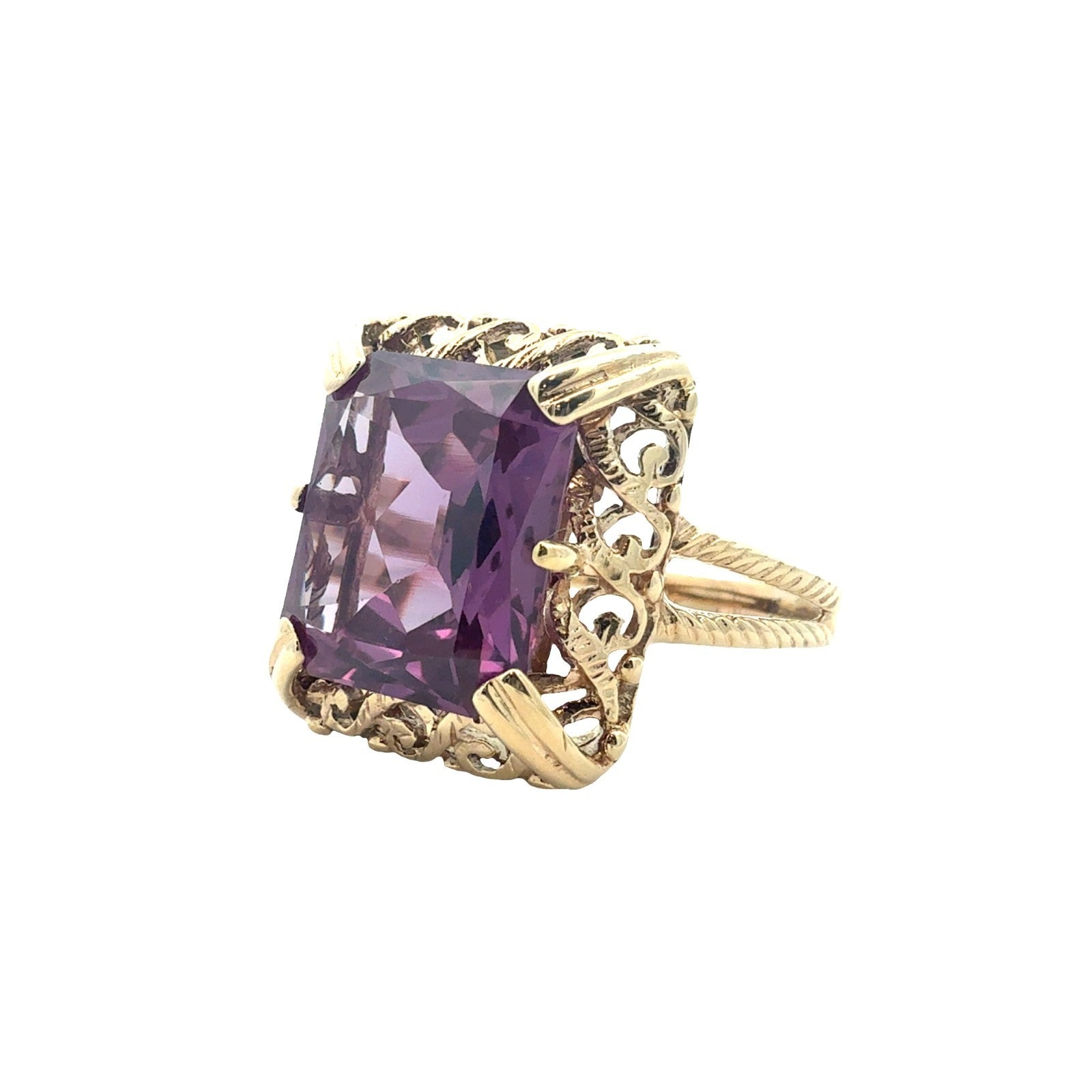 10k Yellow Gold Stamped and Lab Created Sapphire Filigree Cocktail Ring0