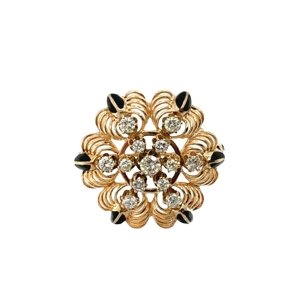 Vintage 14k Yellow Gold 1.24cttw Diamond and Enamel Floral Cluster Pin/Pendant0