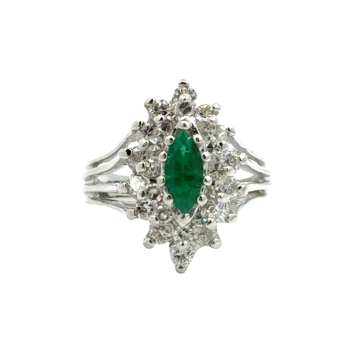 14k White Gold 0.37ctw Marquise Emerald and 0.76ctw Diamond Halo Cocktail Ring0