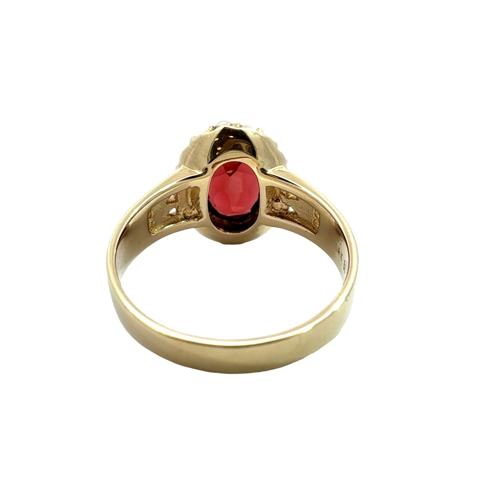 Vintage 14k Yellow Gold 2.30tcw Oval Garnet and Pearl Halo Cocktail Ring3