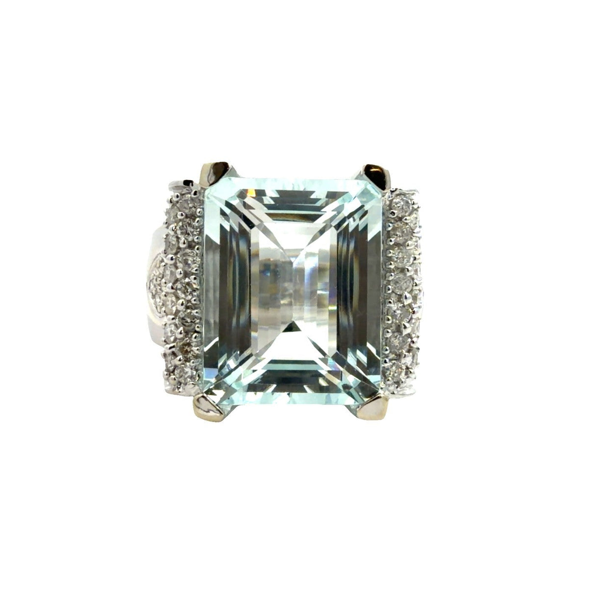 14k White Gold 10.64cttw Aquamarine &amp; 0.68cttw Pave Diamond Cocktail Ring Size 70