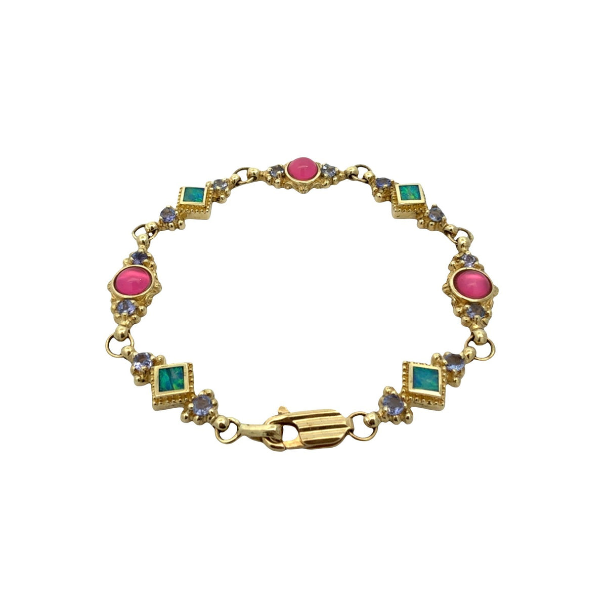 A.K 14k Yellow Gold Opal & 1.26cttw Iolite Multi-Color Link Bracelet 7"2