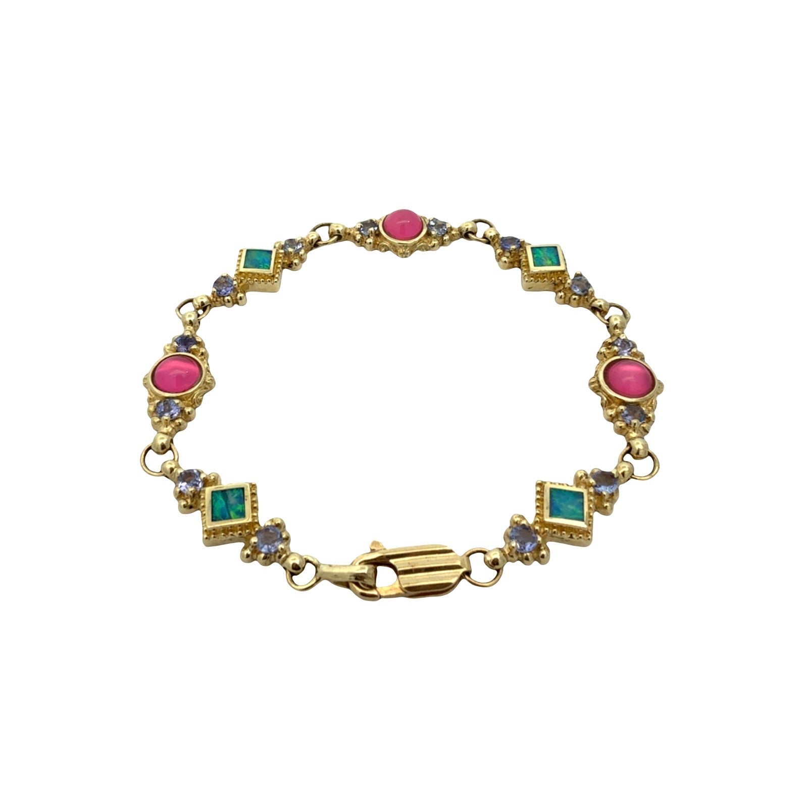 A.K 14k Yellow Gold Opal & 1.26cttw Iolite Multi-Color Link Bracelet 7"2