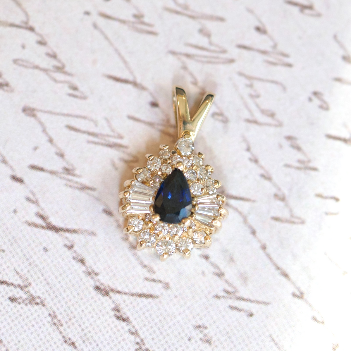 Vintage 14k Yellow Gold Pear 0.58tcw Sapphire and 0.52cttw Diamond Halo Pendant0
