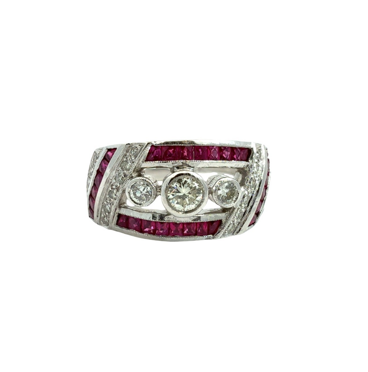 18k White Gold Art Deco Style 0.37cttw Diamond &amp; 0.54cttw Ruby Ring Size 70