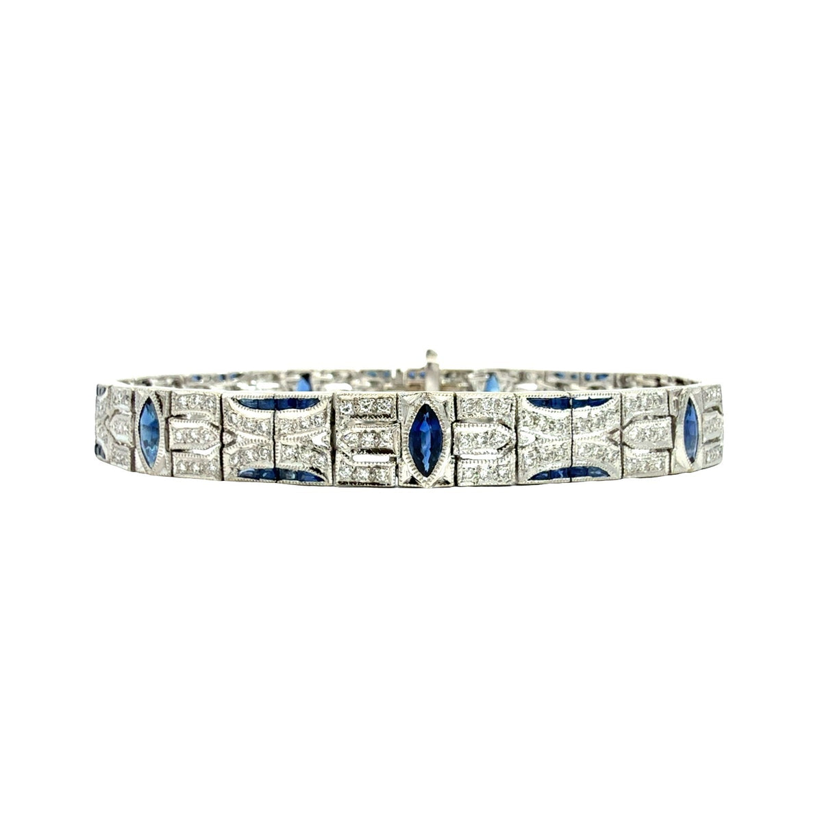 18k White Gold 3.01cttw Sapphire and 1.58cttw Diamond Art Deco Style Bracelet 7"0