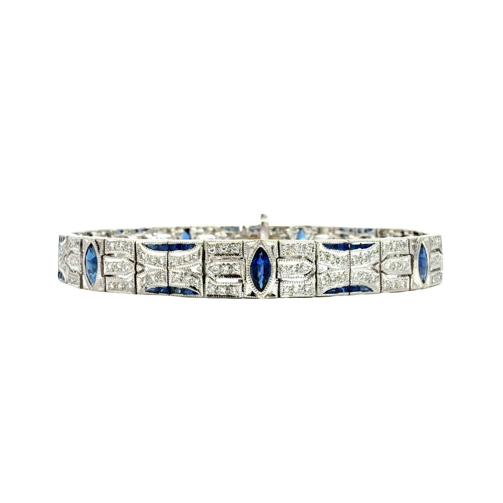 18k White Gold 3.01cttw Sapphire and 1.58cttw Diamond Art Deco Style Bracelet 7"0