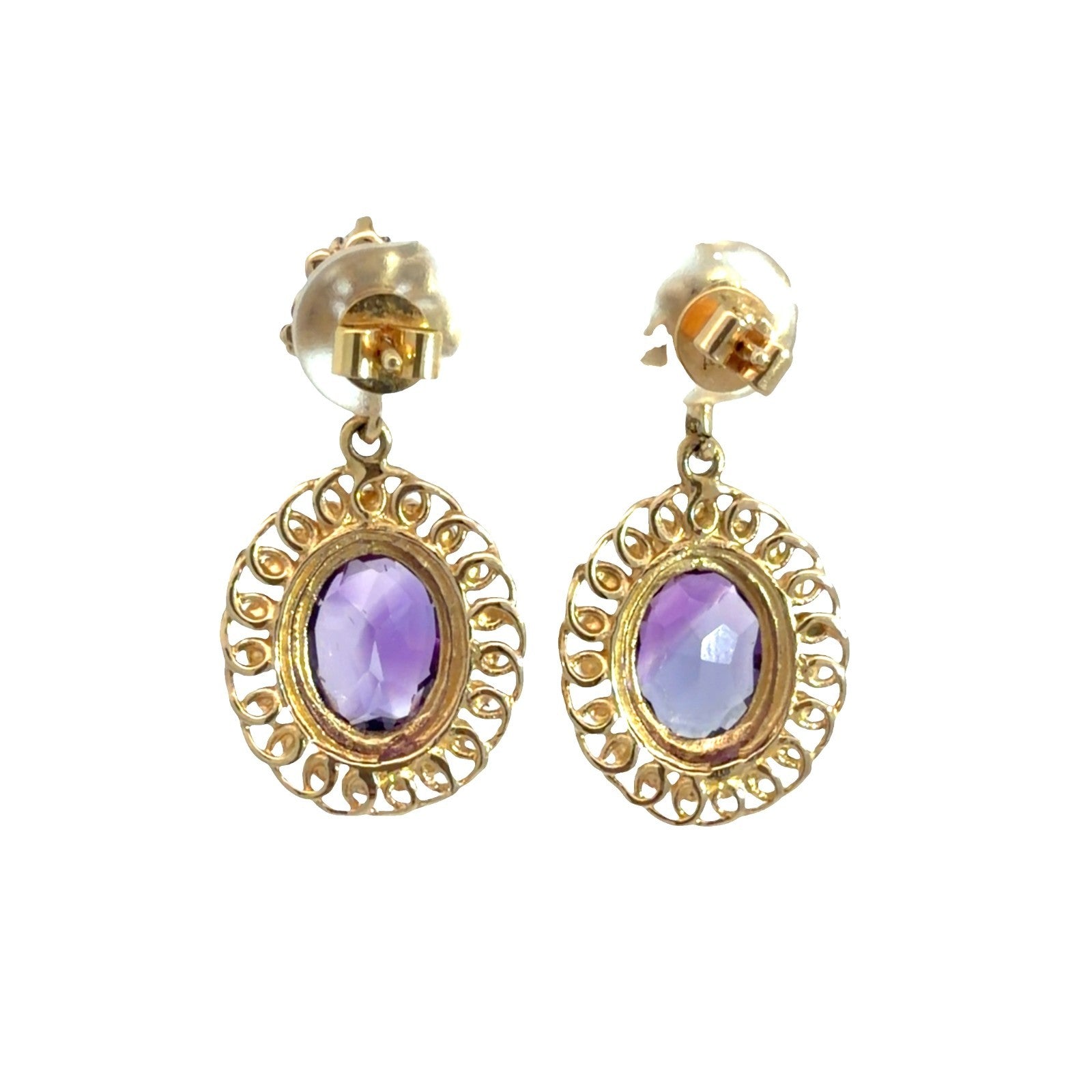 Vintage 14k Yellow Gold Stamped 4.12ctw Amethyst and Seed Pearl Dangle Earrings3