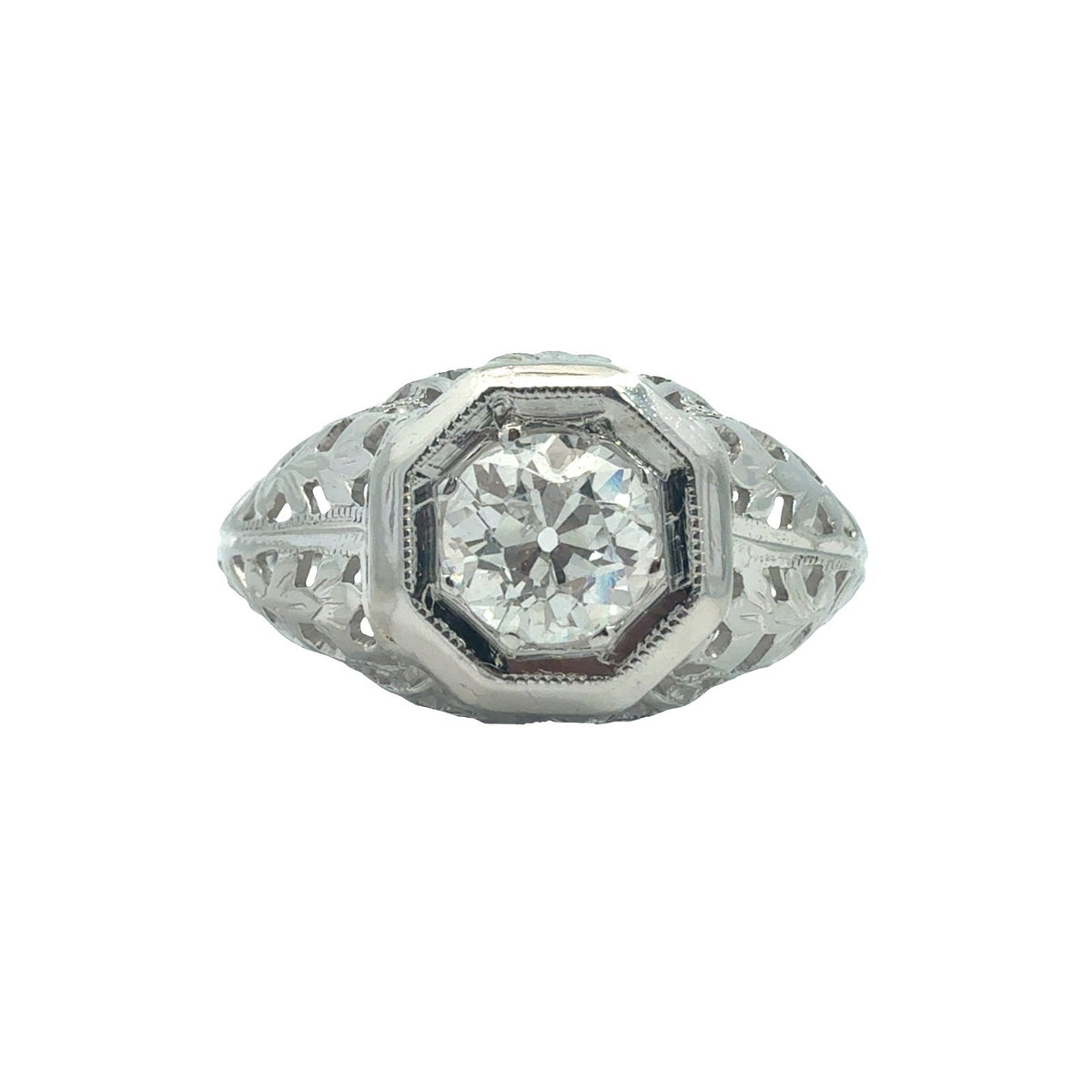 Vintage 18k White Gold Solitaire Euro Cut 0.58ctw Diamond Engagement Ring Size 61