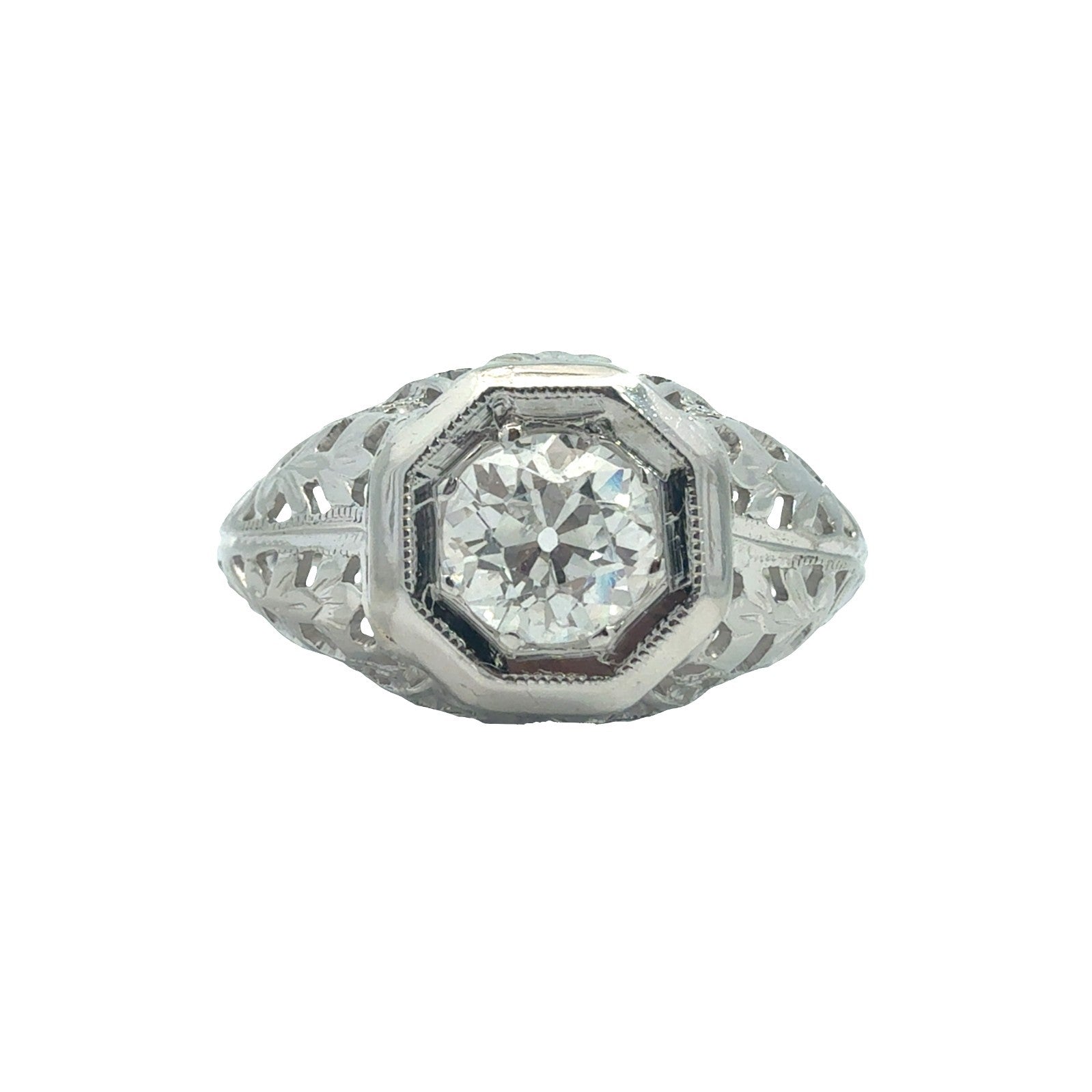 Vintage 18k White Gold Solitaire Euro Cut 0.58ctw Diamond Engagement Ring Size 60