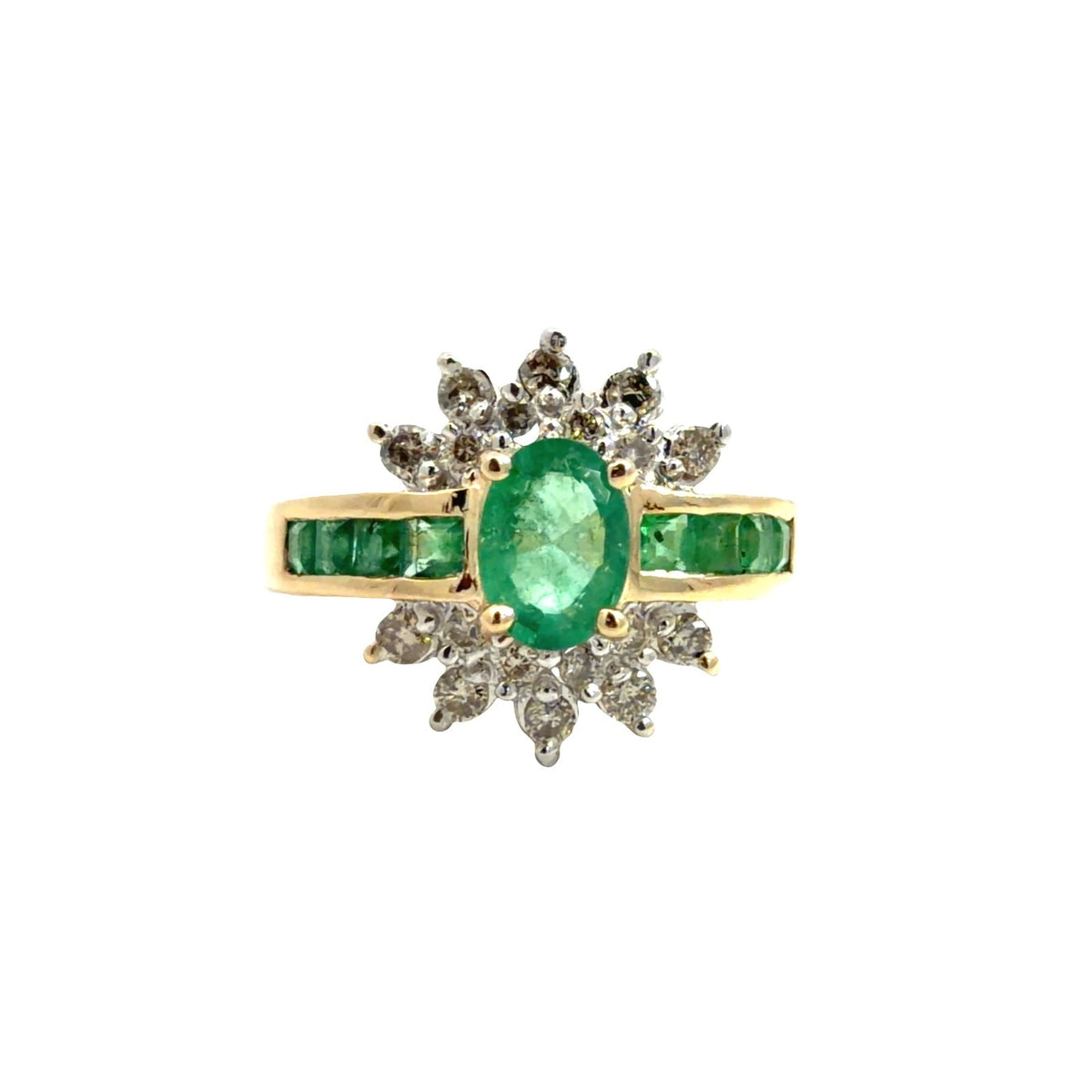 14k Yellow Gold 0.75cttw Emerald &amp; 0.38cttw Diamond Starburst Halo Cocktail Ring0