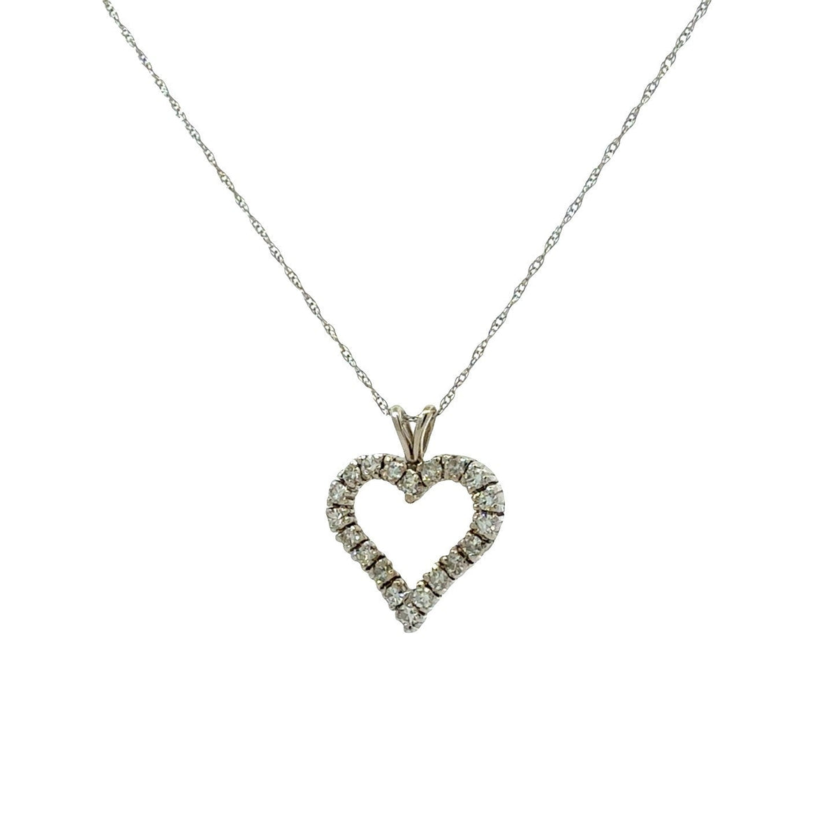 14k White Gold Stamped 0.33cttw Diamond Open Heart Pendant Necklace0