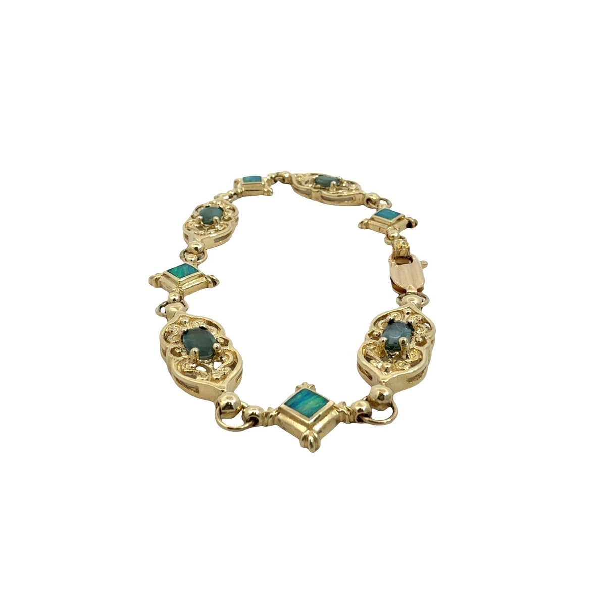 Vintage 14k Yellow Gold 1.85cttw Chrysoberyl and Opal Filigree Link Bracelet4