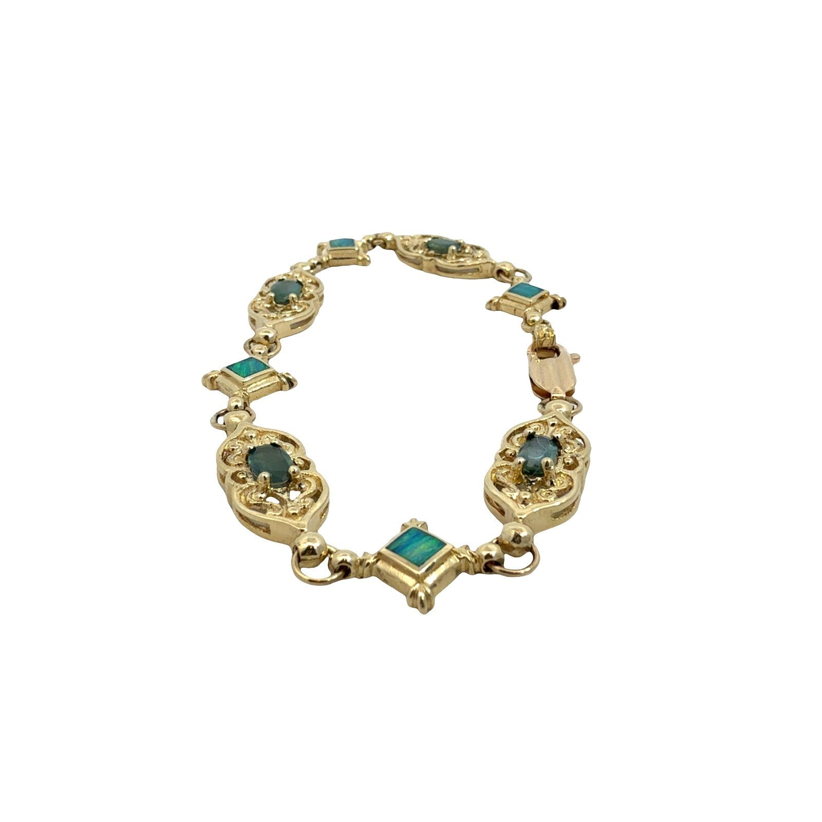 Vintage 14k Yellow Gold 1.85cttw Chrysoberyl and Opal Filigree Link Bracelet4