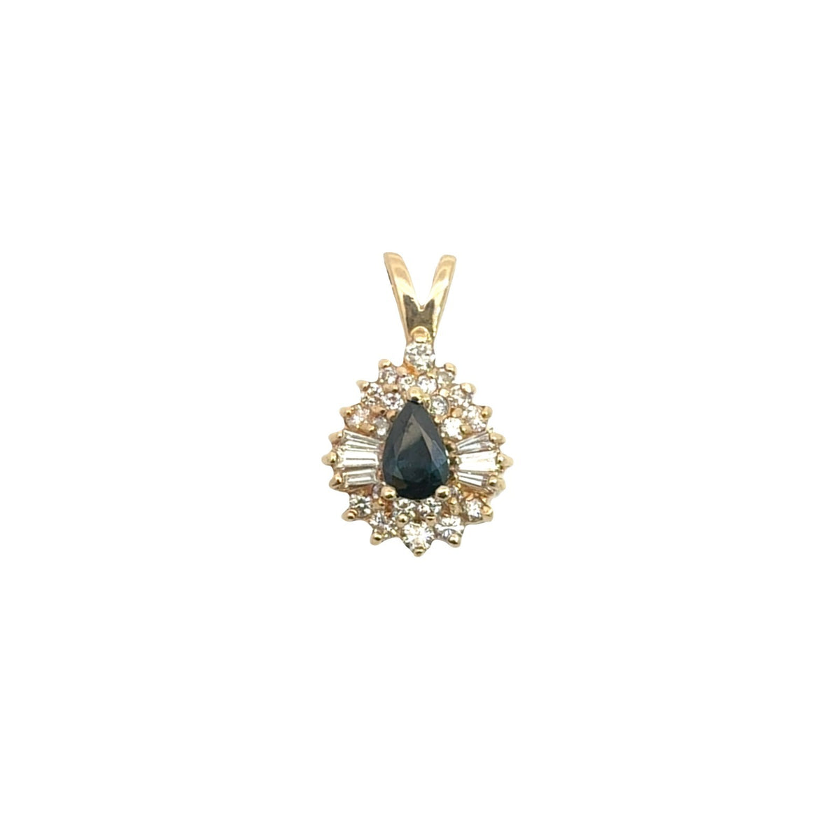 Vintage 14k Yellow Gold Pear 0.58tcw Sapphire and 0.52cttw Diamond Halo Pendant2