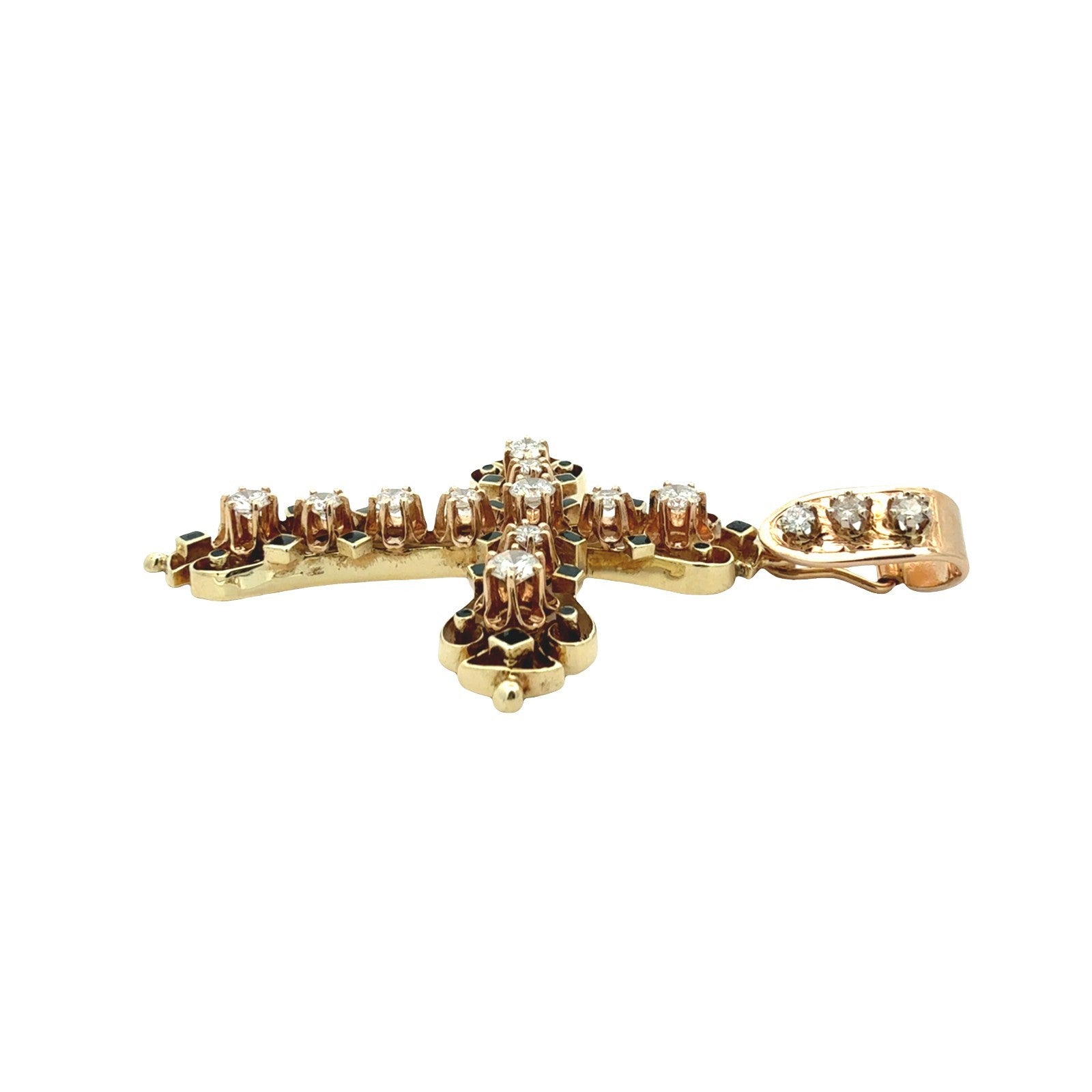 Vintage 14k Yellow Gold Enamel and 2.18cttw Diamond Filigree Cross Pendant4