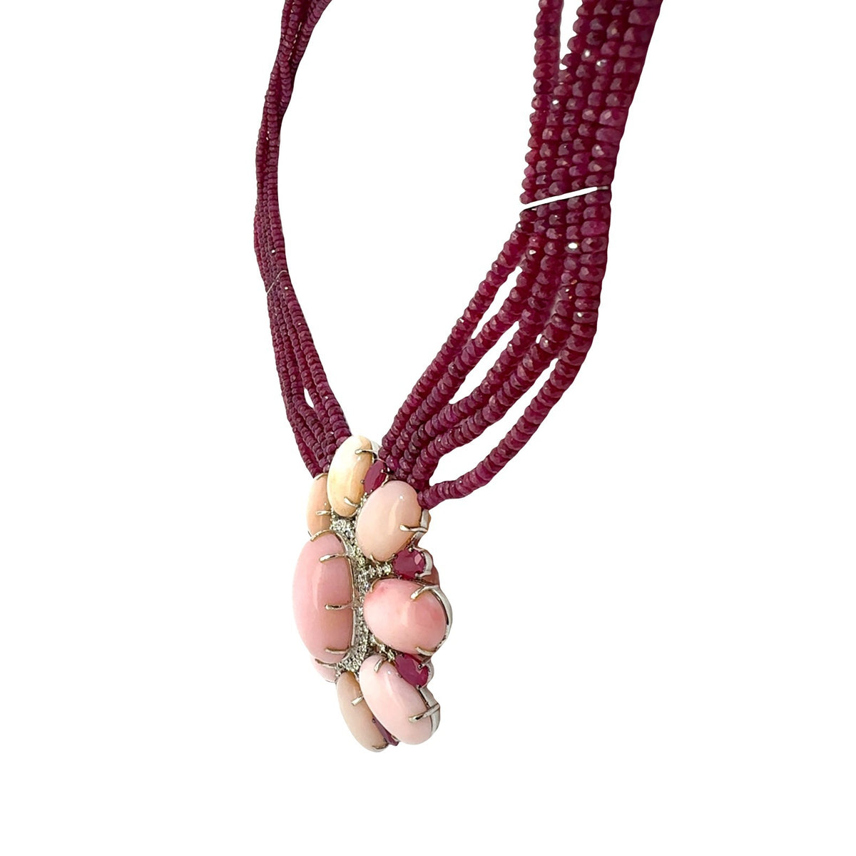 18k White Gold Opal 2.10cttw Diamond 9.76cttw Ruby Multi-Strand Beaded Necklace2