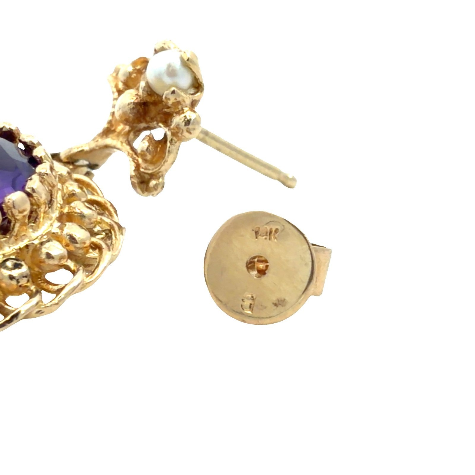 Vintage 14k Yellow Gold Stamped 4.12ctw Amethyst and Seed Pearl Dangle Earrings5