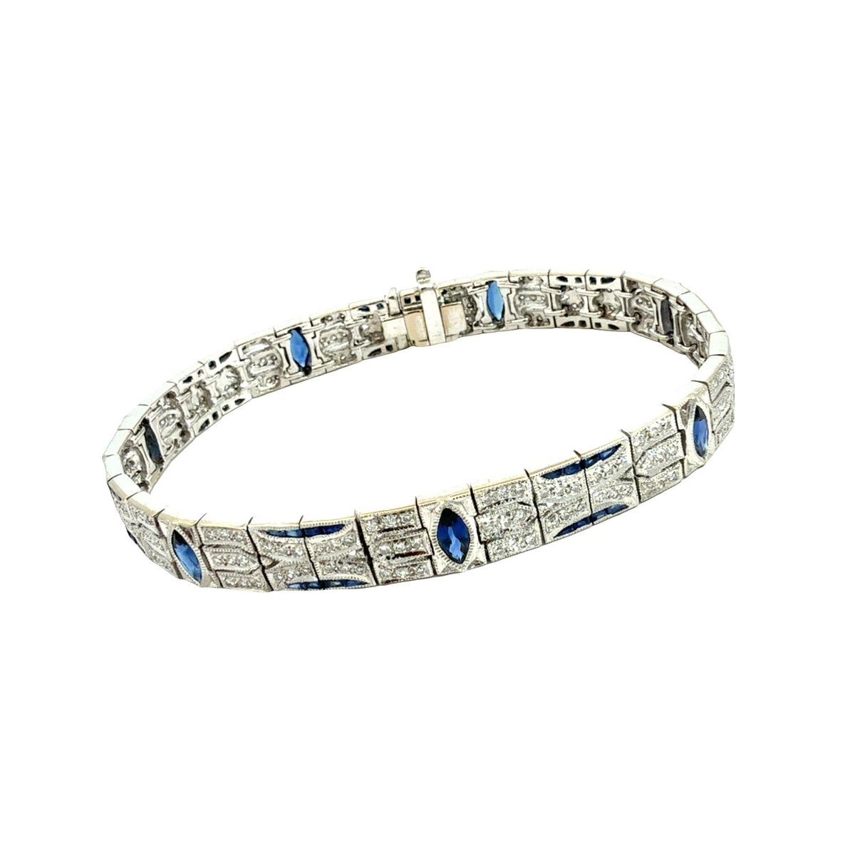 18k White Gold 3.01cttw Sapphire and 1.58cttw Diamond Art Deco Style Bracelet 7"1
