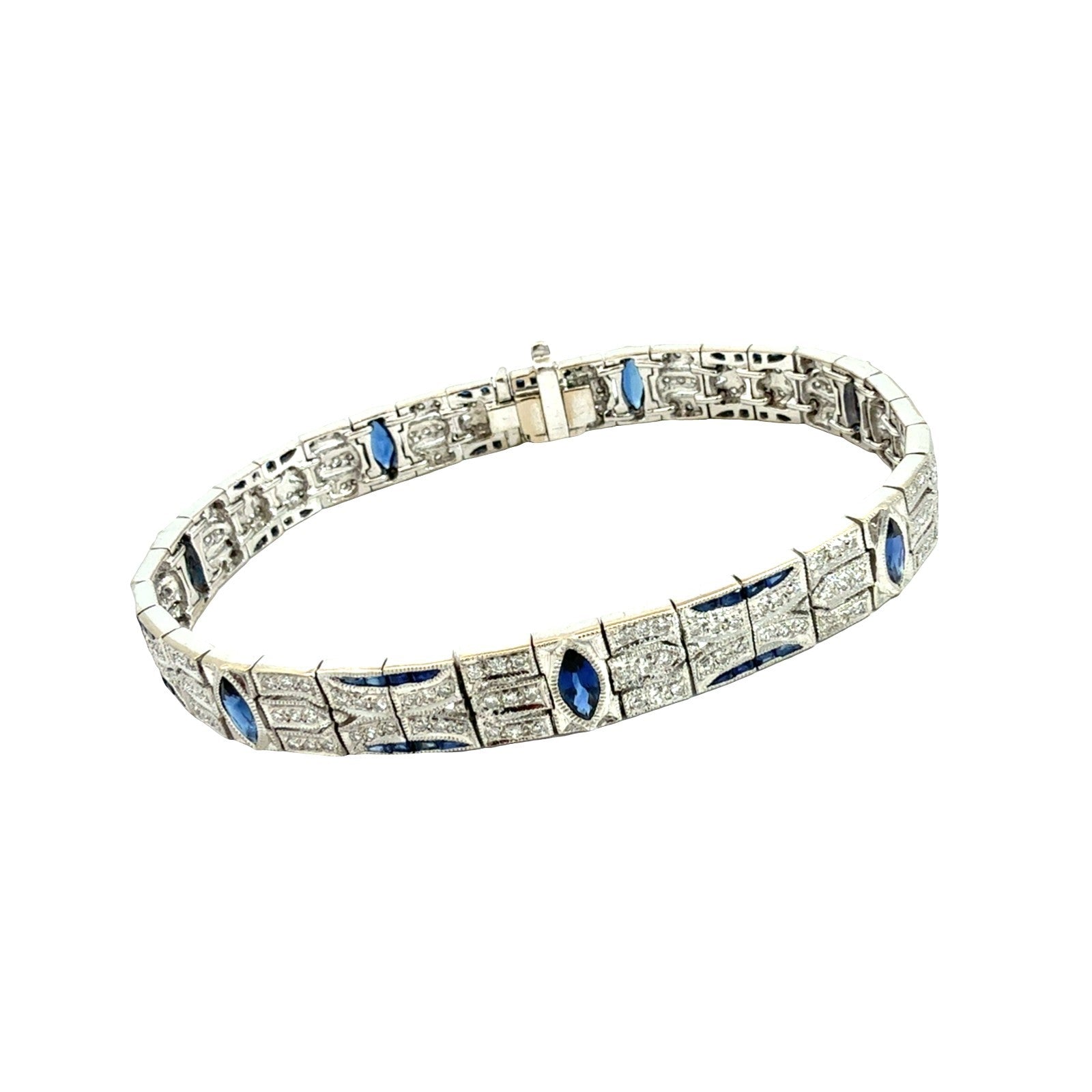 18k White Gold 3.01cttw Sapphire and 1.58cttw Diamond Art Deco Style Bracelet 7"1