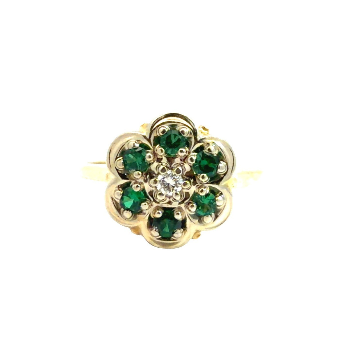 Vintage 14k YG 0.06tcw Diamond &amp; 0.36cttw Tsavorite Garnet Floral Cluster Ring0