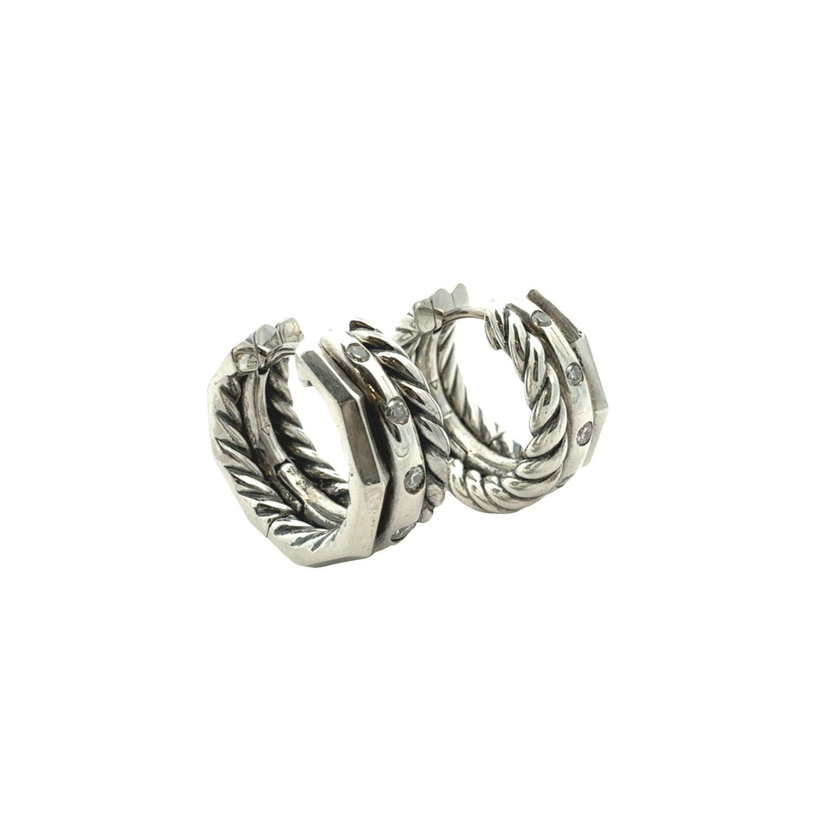 David Yurman Stax Sterling Silver 0.11cttw Diamond Cable Huggie Hoop Earrings2