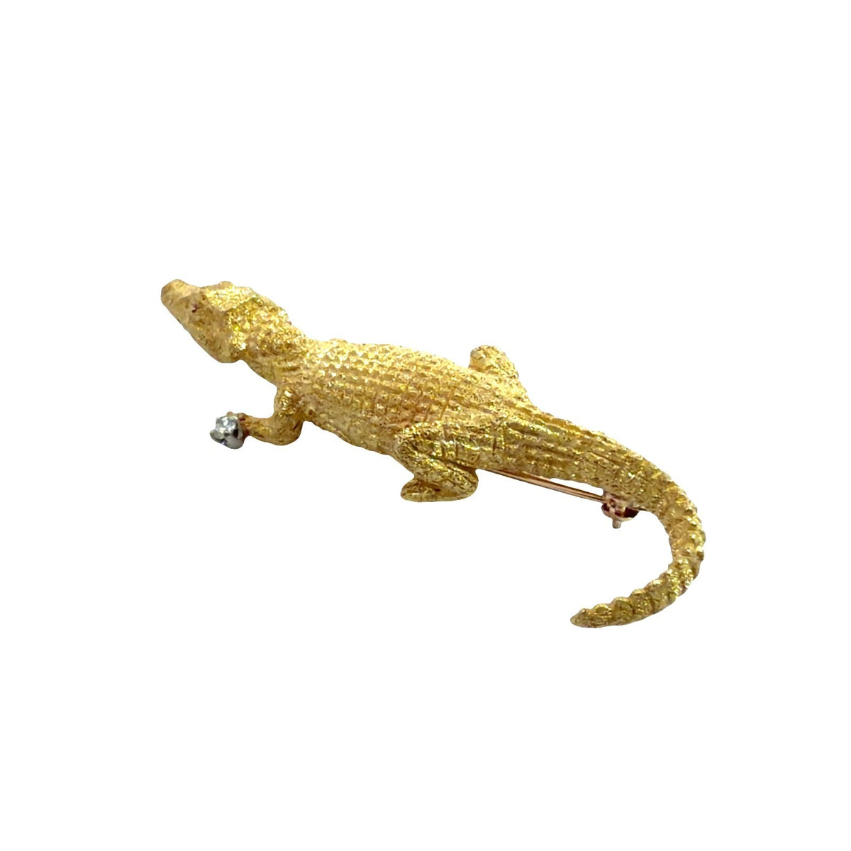 18k Stamped Yellow Gold Crocodile Brooch with Ruby and Diamond4