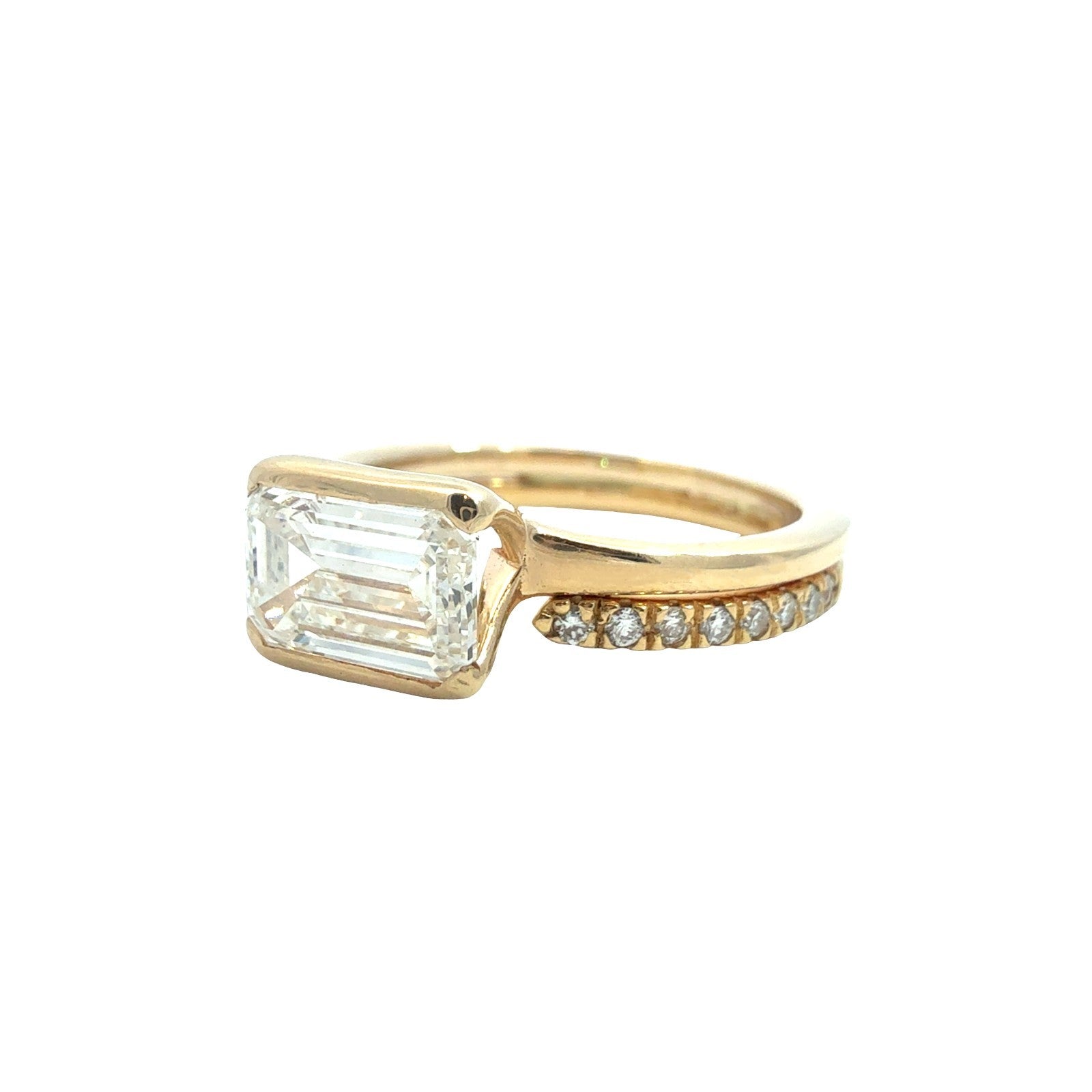 14k YG East-West Emerald-Cut 1.08tcw Diamond Engagement Ring & 18k 0.10cttw Band1