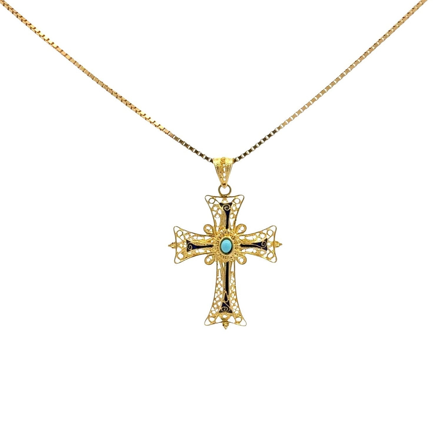 Vintage 18k Yellow Gold Turquoise and Enamel Filigree Cross Necklace0