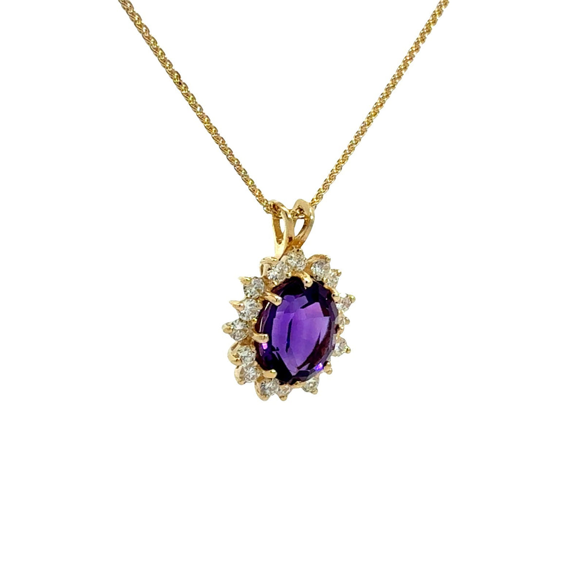 14K Yellow Gold 2.41tcw Oval-Cut Amethyst 0.48cttw Diamond Halo Pendant Necklace2
